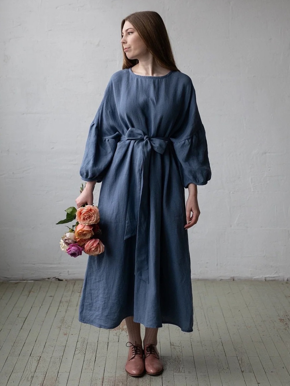 All The Beautiful Linen Dusty Blue Kimono Linen Dress
